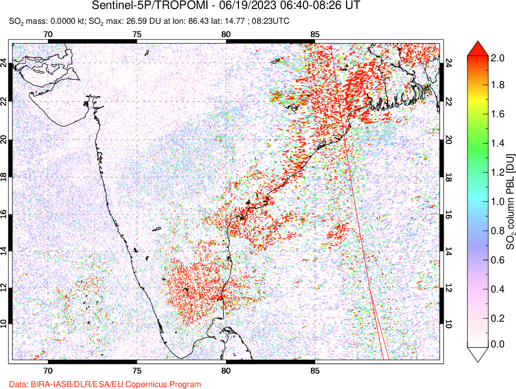 A sulfur dioxide image over India on Jun 19, 2023.