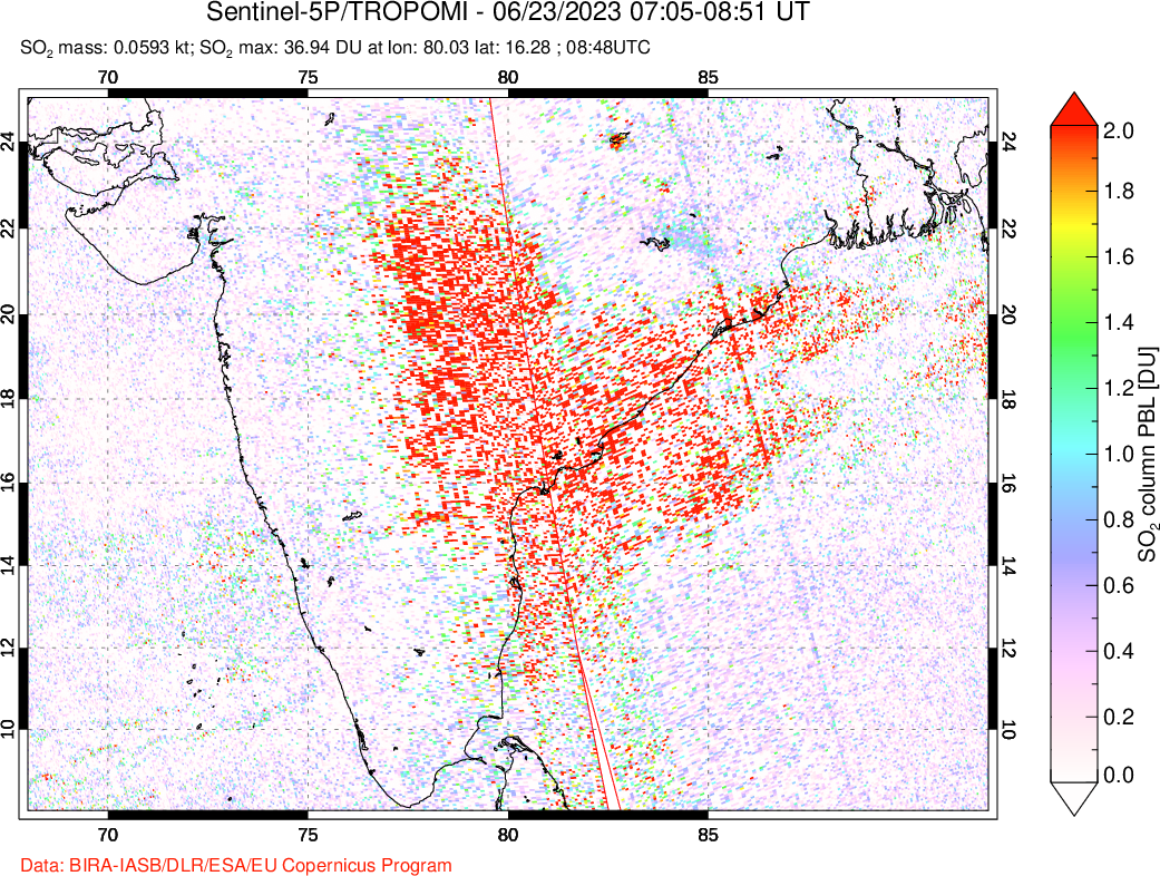 A sulfur dioxide image over India on Jun 23, 2023.
