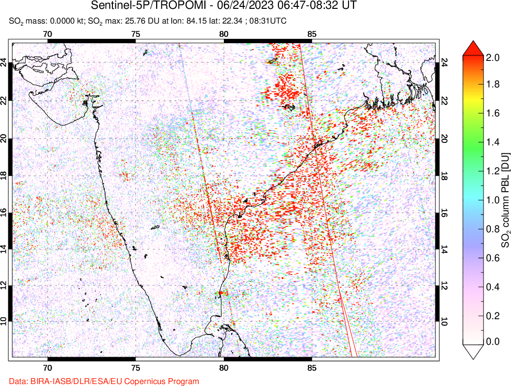 A sulfur dioxide image over India on Jun 24, 2023.