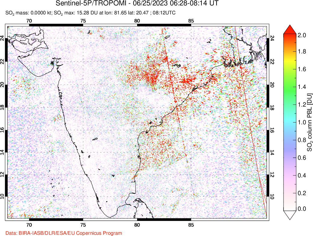 A sulfur dioxide image over India on Jun 25, 2023.
