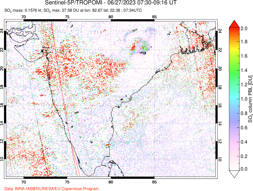 A sulfur dioxide image over India on Jun 27, 2023.
