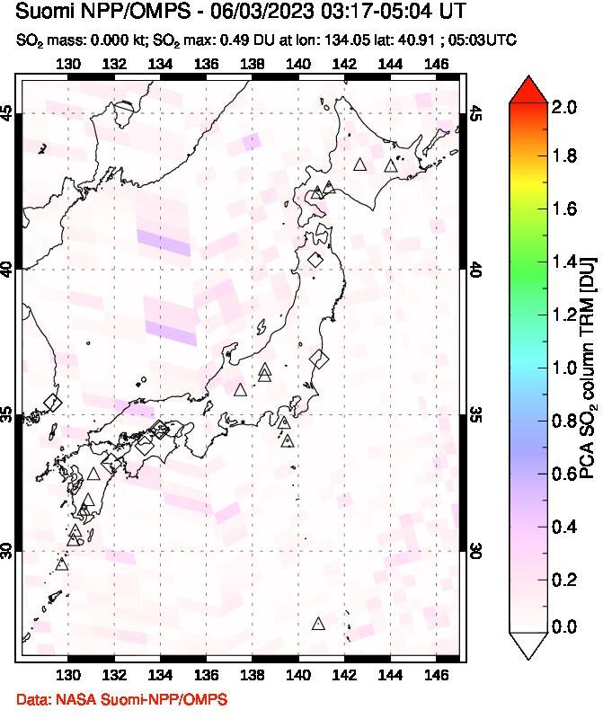 A sulfur dioxide image over Japan on Jun 03, 2023.