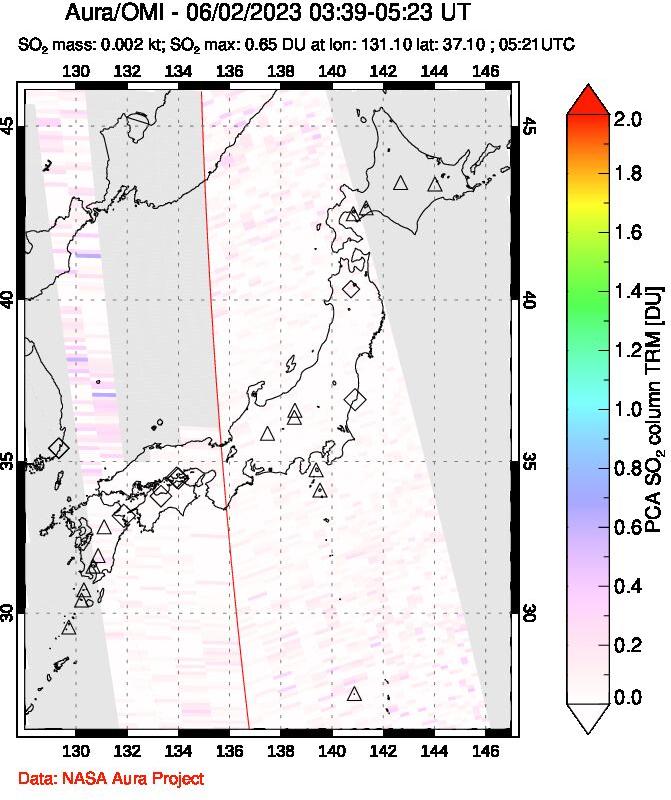 A sulfur dioxide image over Japan on Jun 02, 2023.