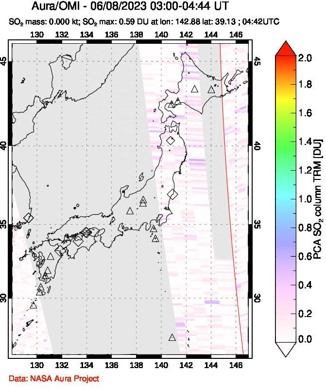 A sulfur dioxide image over Japan on Jun 08, 2023.