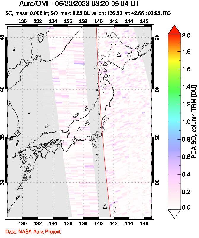 A sulfur dioxide image over Japan on Jun 20, 2023.