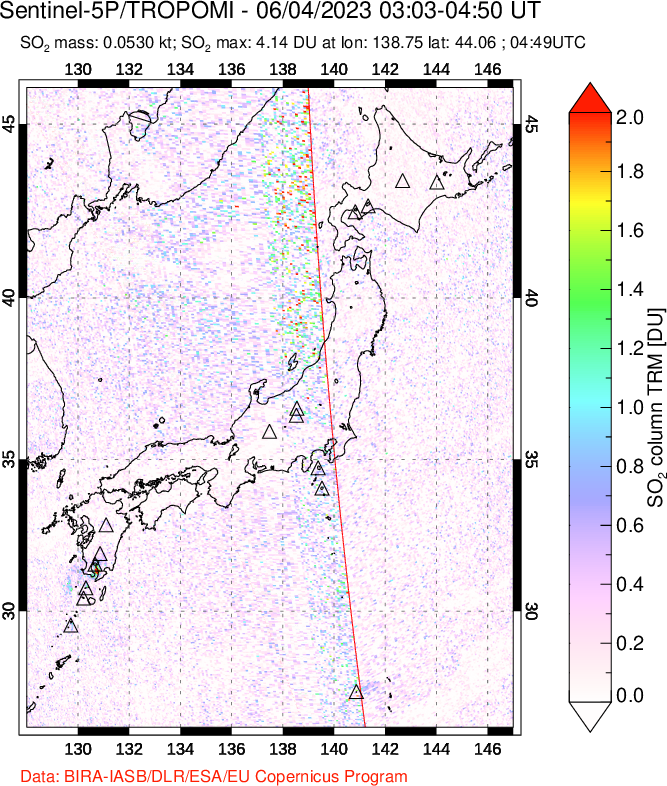 A sulfur dioxide image over Japan on Jun 04, 2023.