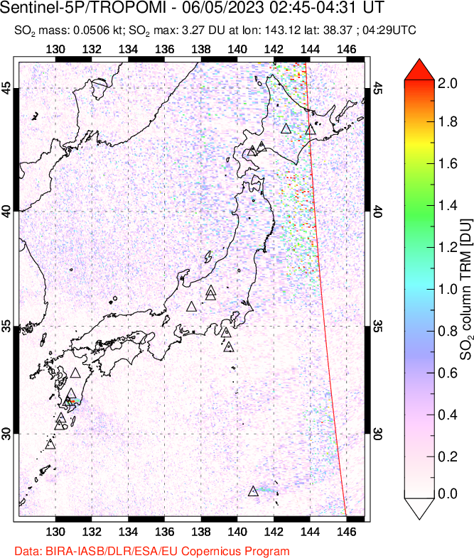A sulfur dioxide image over Japan on Jun 05, 2023.