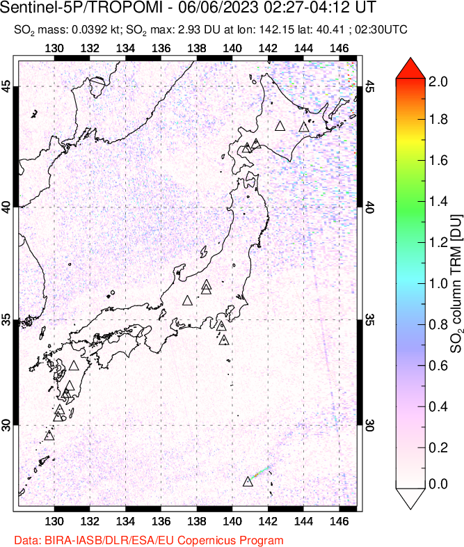 A sulfur dioxide image over Japan on Jun 06, 2023.