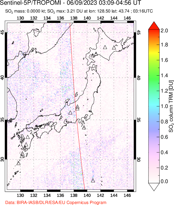 A sulfur dioxide image over Japan on Jun 09, 2023.