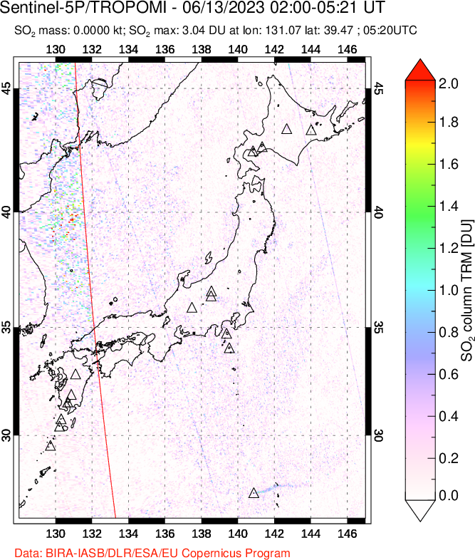 A sulfur dioxide image over Japan on Jun 13, 2023.