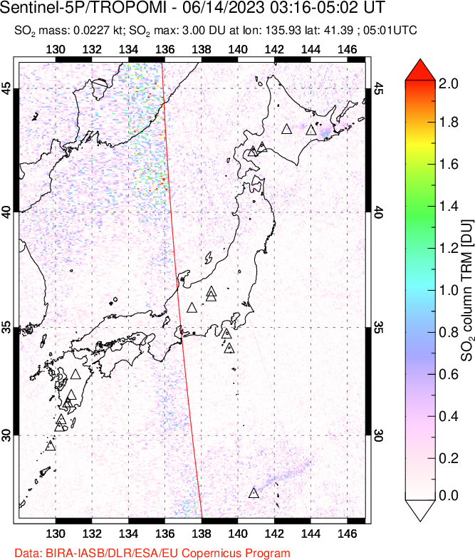 A sulfur dioxide image over Japan on Jun 14, 2023.