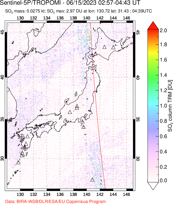 A sulfur dioxide image over Japan on Jun 15, 2023.
