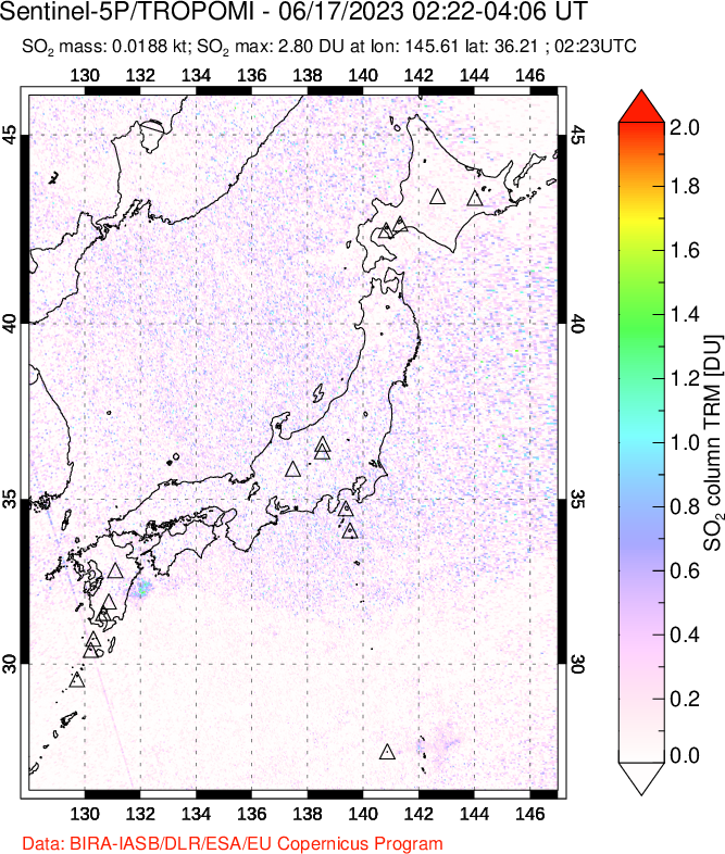 A sulfur dioxide image over Japan on Jun 17, 2023.