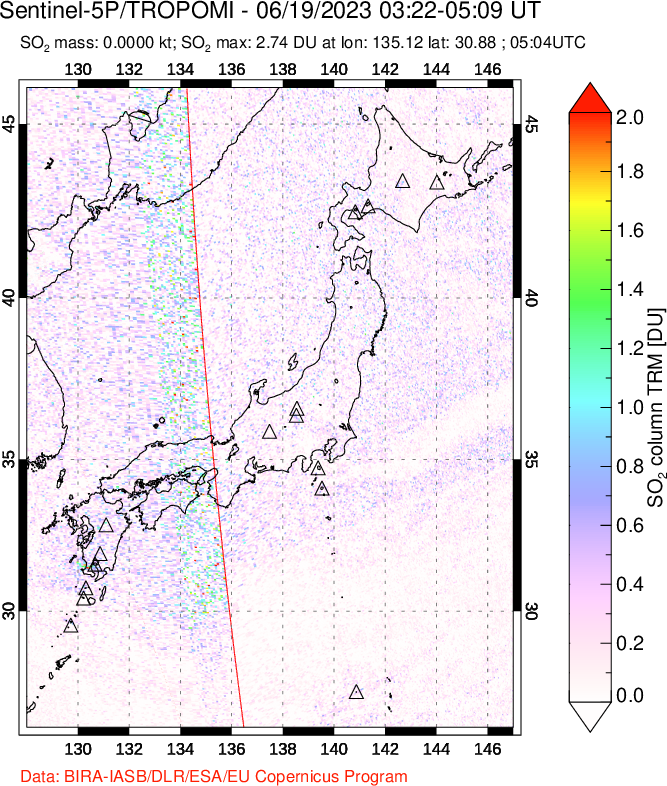 A sulfur dioxide image over Japan on Jun 19, 2023.