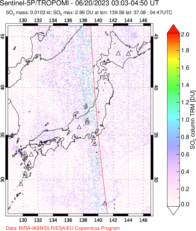 A sulfur dioxide image over Japan on Jun 20, 2023.