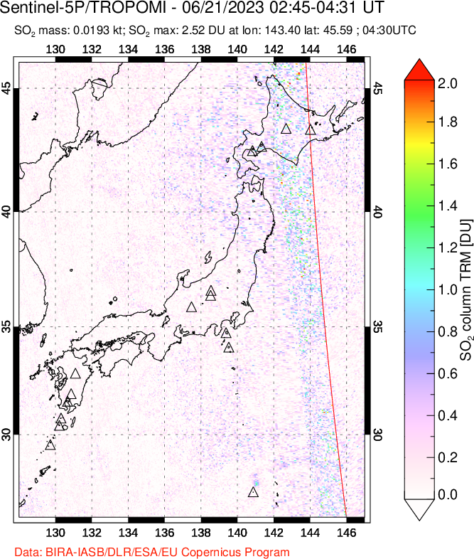 A sulfur dioxide image over Japan on Jun 21, 2023.