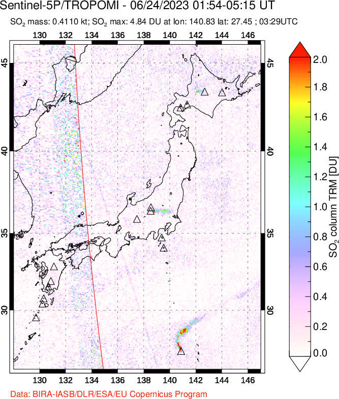 A sulfur dioxide image over Japan on Jun 24, 2023.