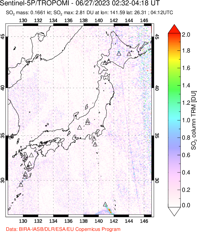 A sulfur dioxide image over Japan on Jun 27, 2023.