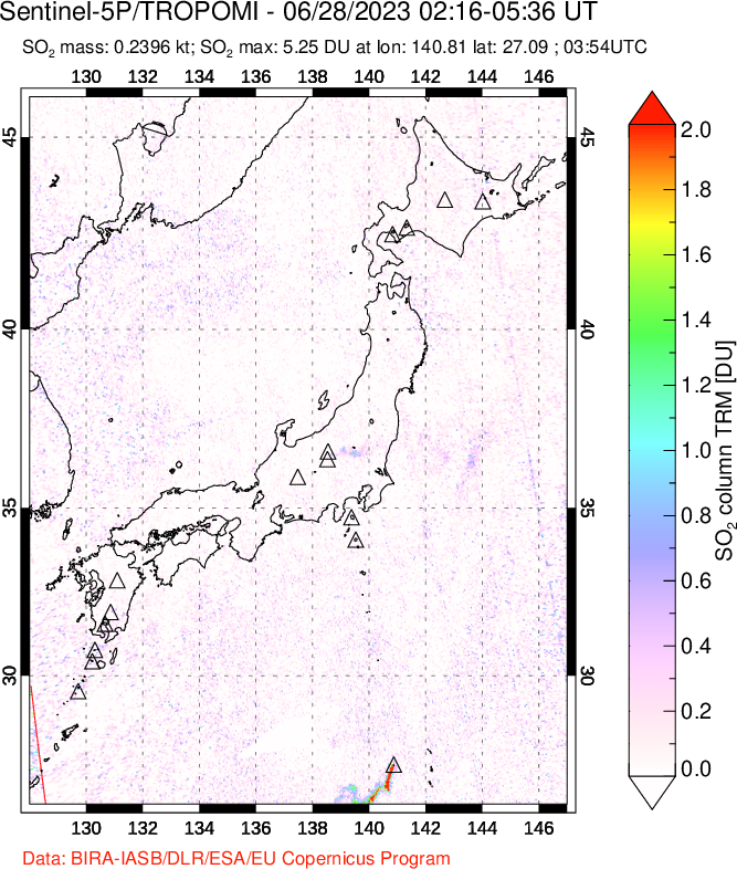 A sulfur dioxide image over Japan on Jun 28, 2023.