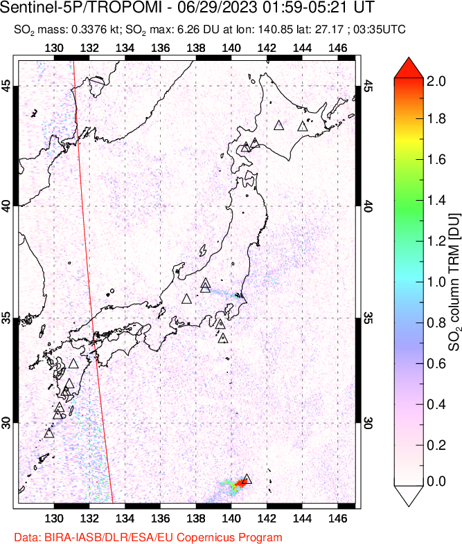 A sulfur dioxide image over Japan on Jun 29, 2023.