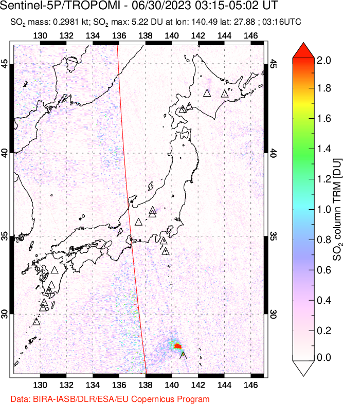 A sulfur dioxide image over Japan on Jun 30, 2023.
