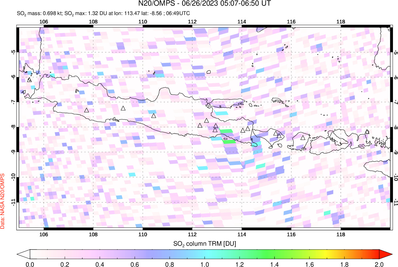 A sulfur dioxide image over Java, Indonesia on Jun 26, 2023.