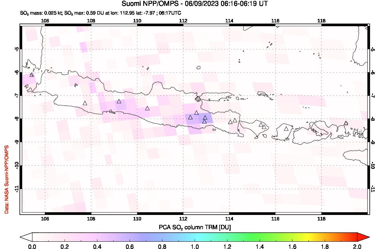 A sulfur dioxide image over Java, Indonesia on Jun 09, 2023.
