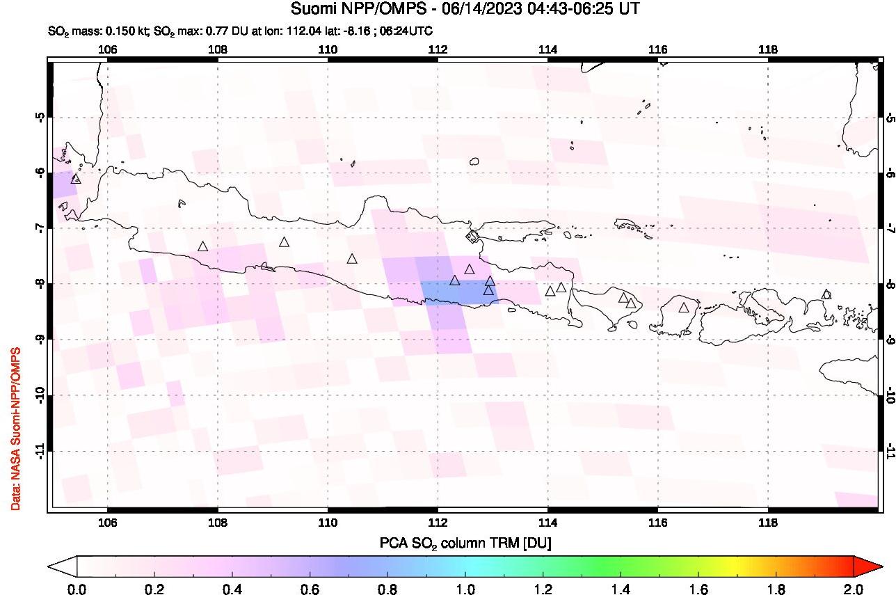 A sulfur dioxide image over Java, Indonesia on Jun 14, 2023.