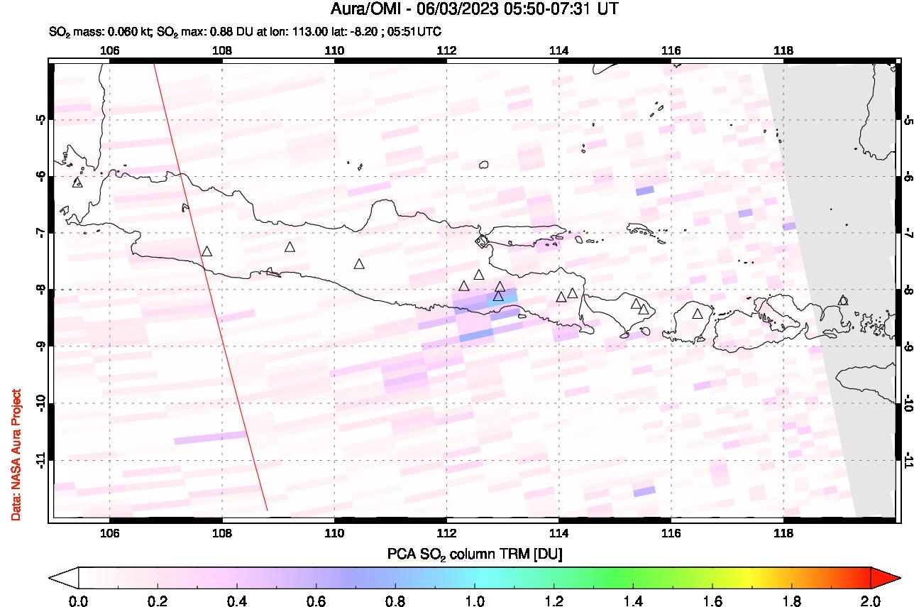 A sulfur dioxide image over Java, Indonesia on Jun 03, 2023.
