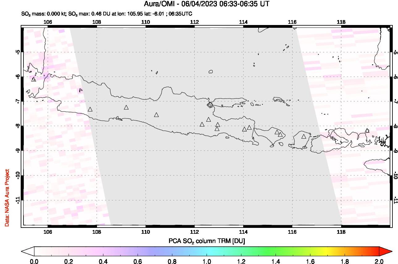 A sulfur dioxide image over Java, Indonesia on Jun 04, 2023.