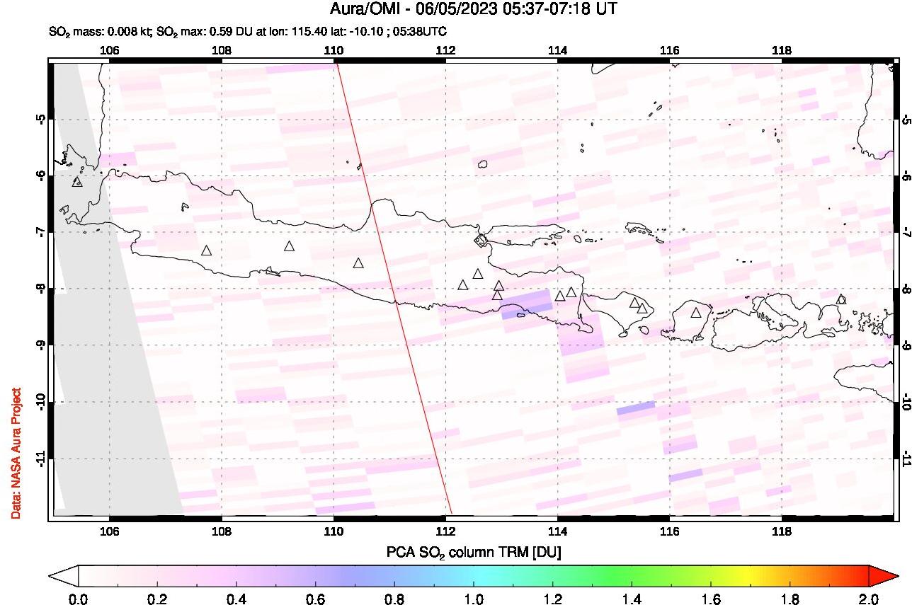 A sulfur dioxide image over Java, Indonesia on Jun 05, 2023.