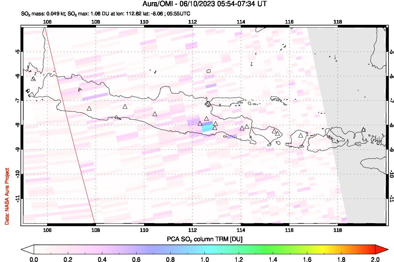 A sulfur dioxide image over Java, Indonesia on Jun 10, 2023.