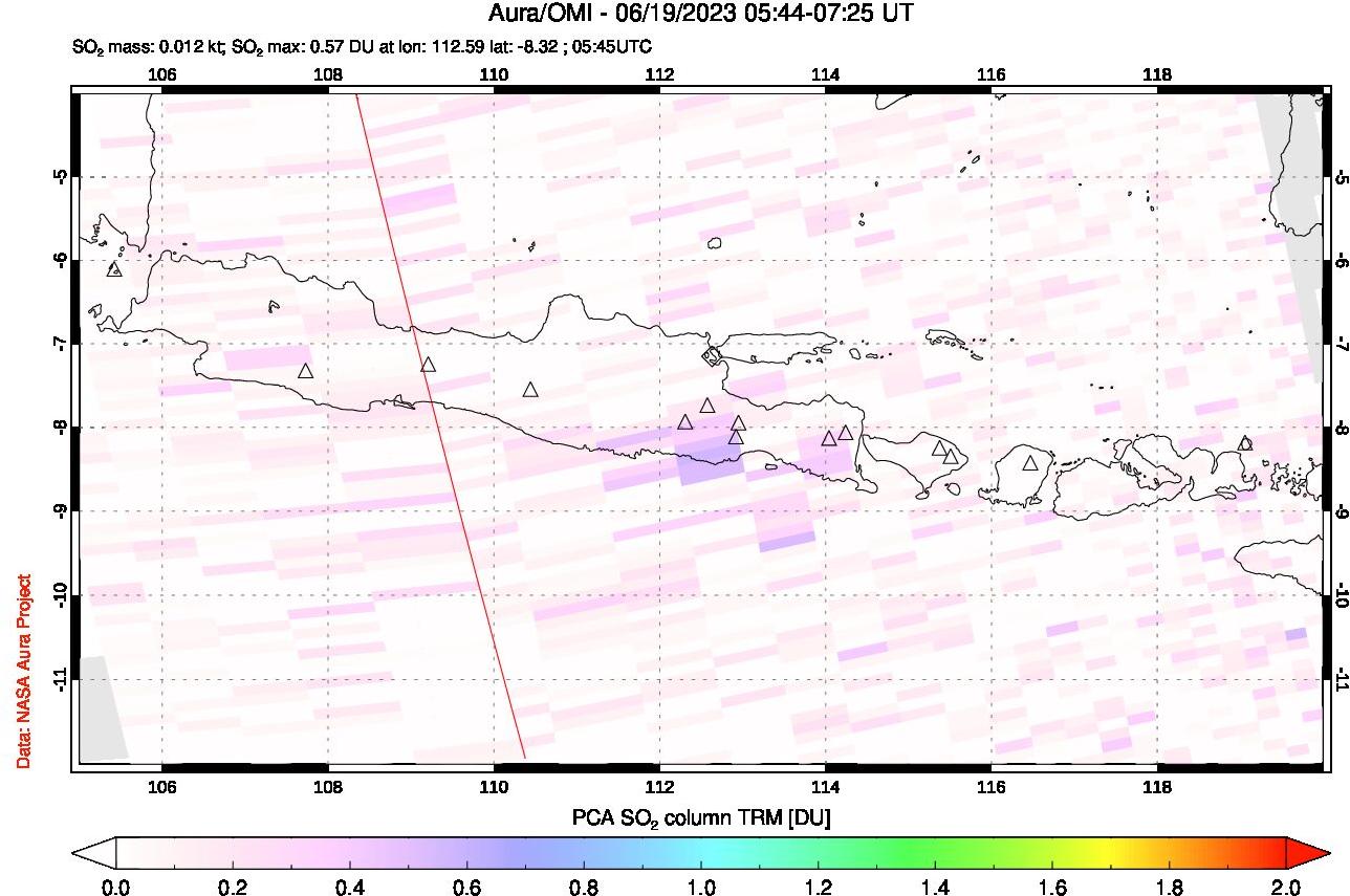 A sulfur dioxide image over Java, Indonesia on Jun 19, 2023.