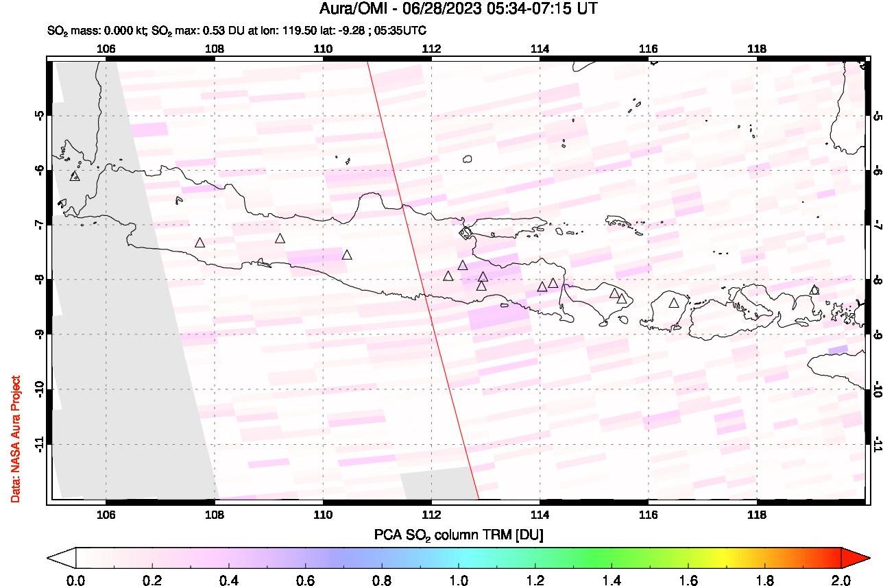 A sulfur dioxide image over Java, Indonesia on Jun 28, 2023.