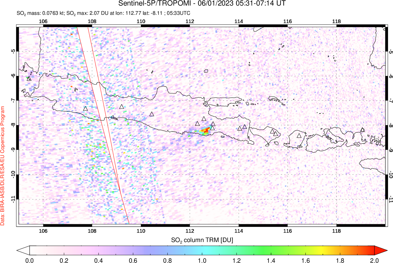 A sulfur dioxide image over Java, Indonesia on Jun 01, 2023.