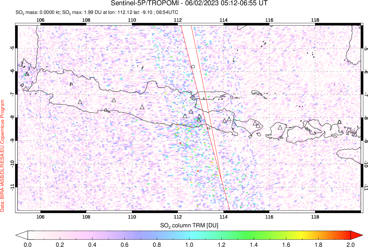 A sulfur dioxide image over Java, Indonesia on Jun 02, 2023.