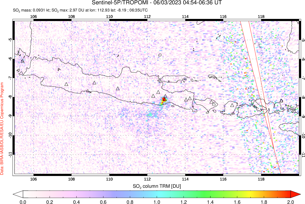 A sulfur dioxide image over Java, Indonesia on Jun 03, 2023.