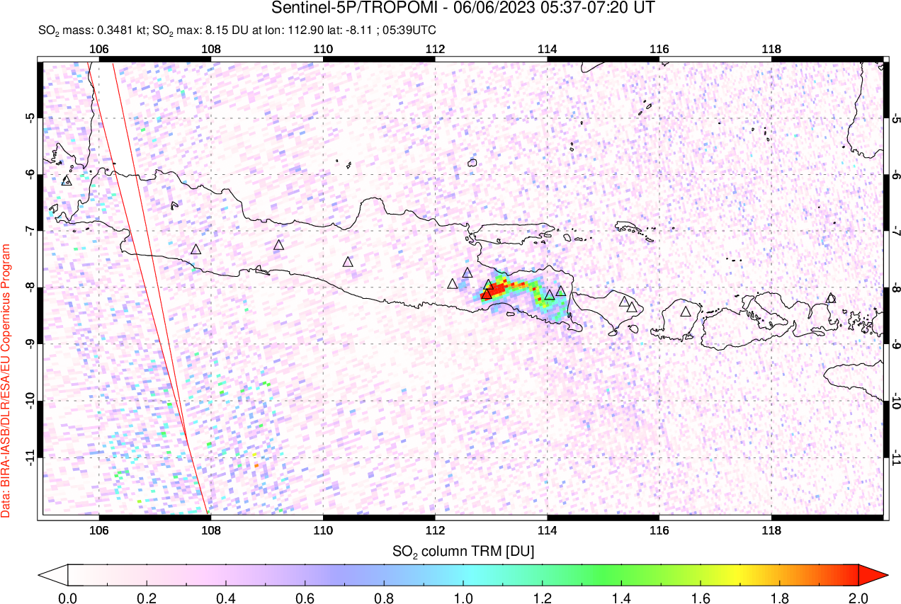 A sulfur dioxide image over Java, Indonesia on Jun 06, 2023.