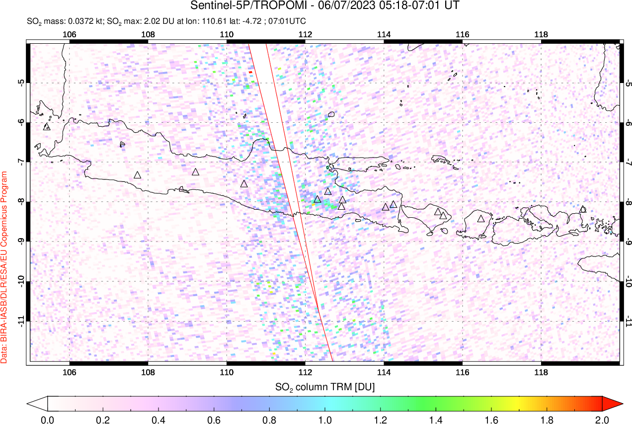 A sulfur dioxide image over Java, Indonesia on Jun 07, 2023.