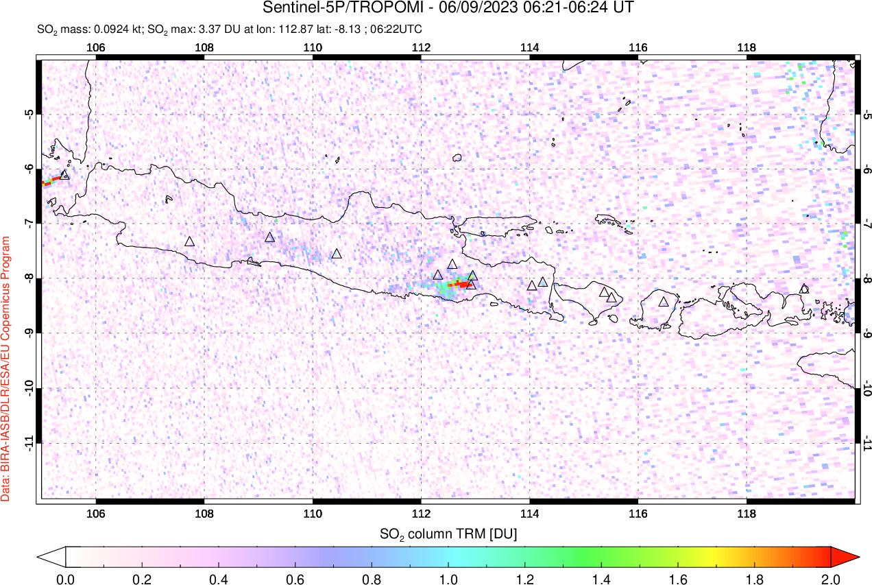 A sulfur dioxide image over Java, Indonesia on Jun 09, 2023.