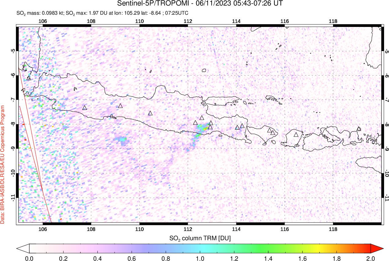 A sulfur dioxide image over Java, Indonesia on Jun 11, 2023.