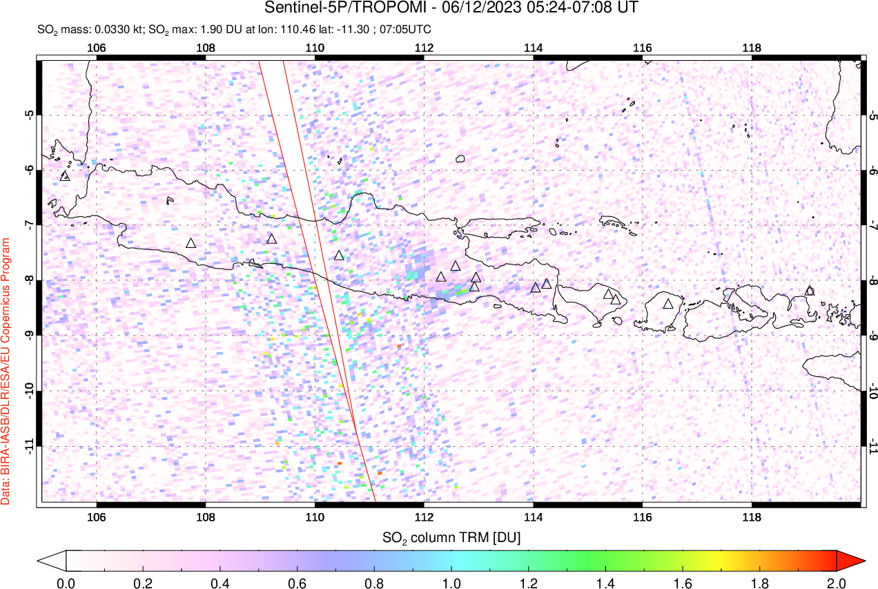 A sulfur dioxide image over Java, Indonesia on Jun 12, 2023.
