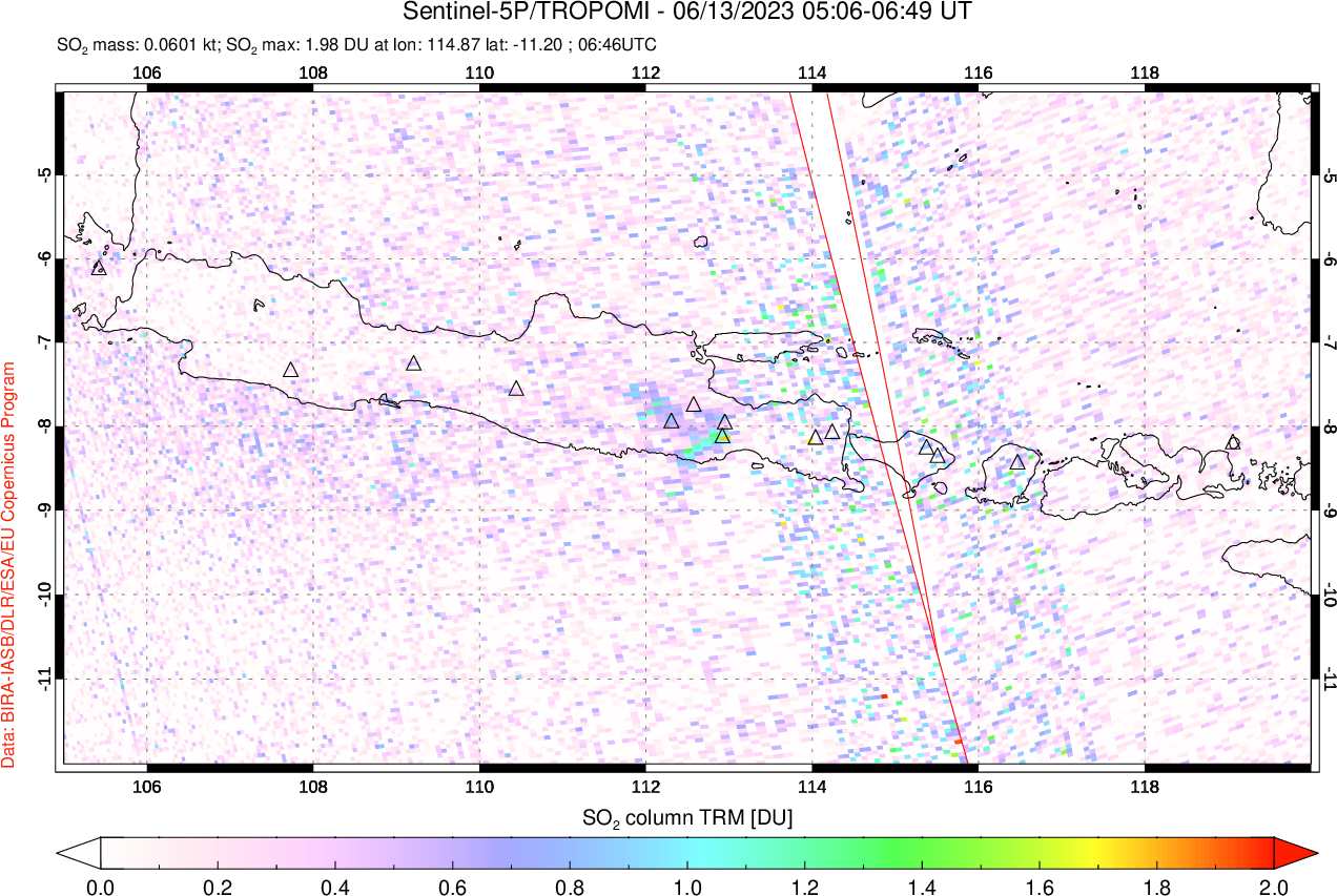 A sulfur dioxide image over Java, Indonesia on Jun 13, 2023.