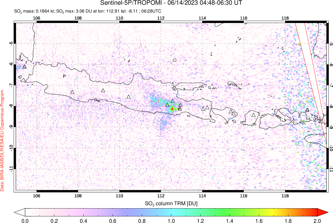 A sulfur dioxide image over Java, Indonesia on Jun 14, 2023.