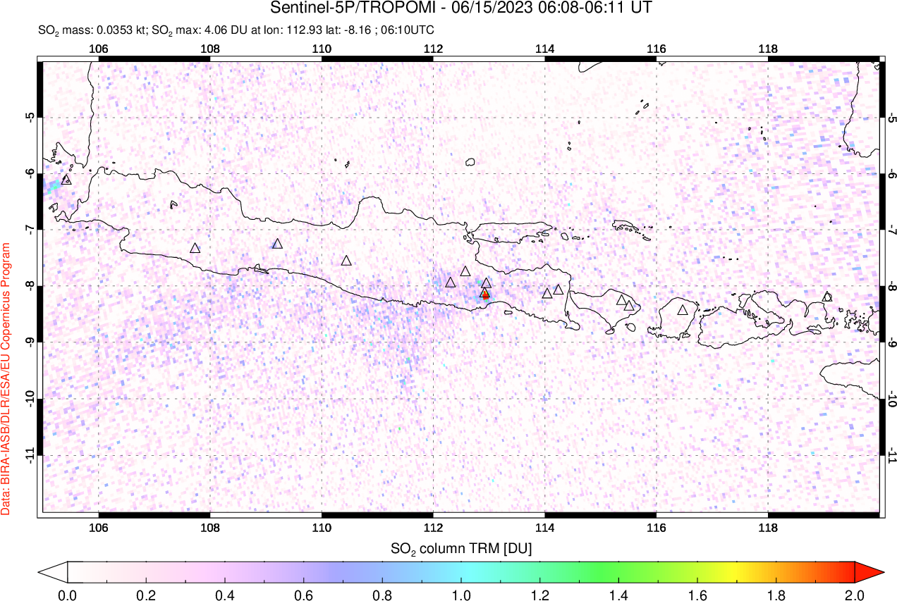 A sulfur dioxide image over Java, Indonesia on Jun 15, 2023.