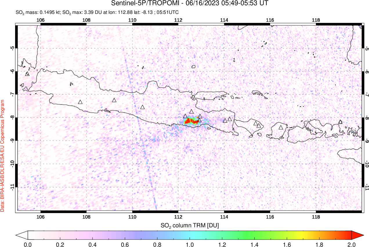 A sulfur dioxide image over Java, Indonesia on Jun 16, 2023.