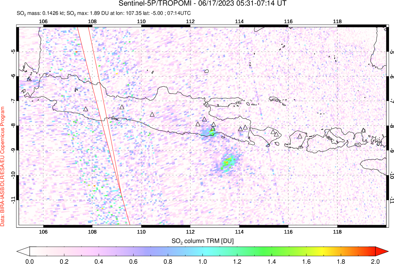 A sulfur dioxide image over Java, Indonesia on Jun 17, 2023.