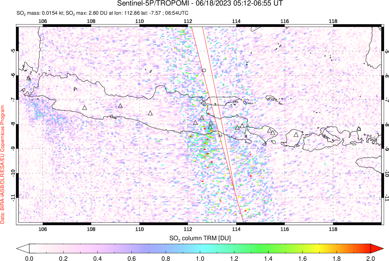 A sulfur dioxide image over Java, Indonesia on Jun 18, 2023.