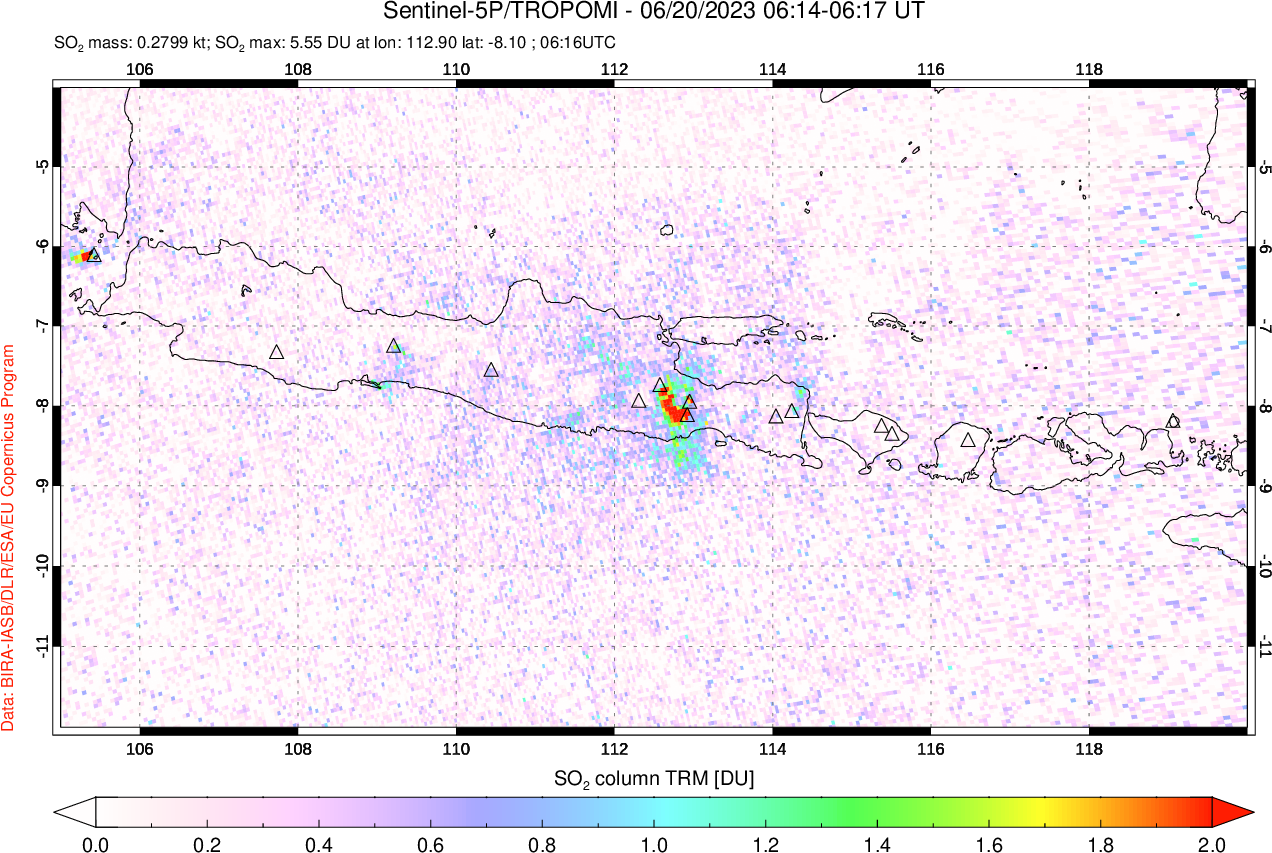 A sulfur dioxide image over Java, Indonesia on Jun 20, 2023.