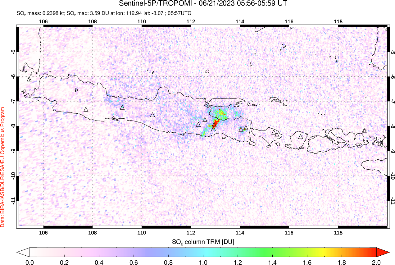 A sulfur dioxide image over Java, Indonesia on Jun 21, 2023.